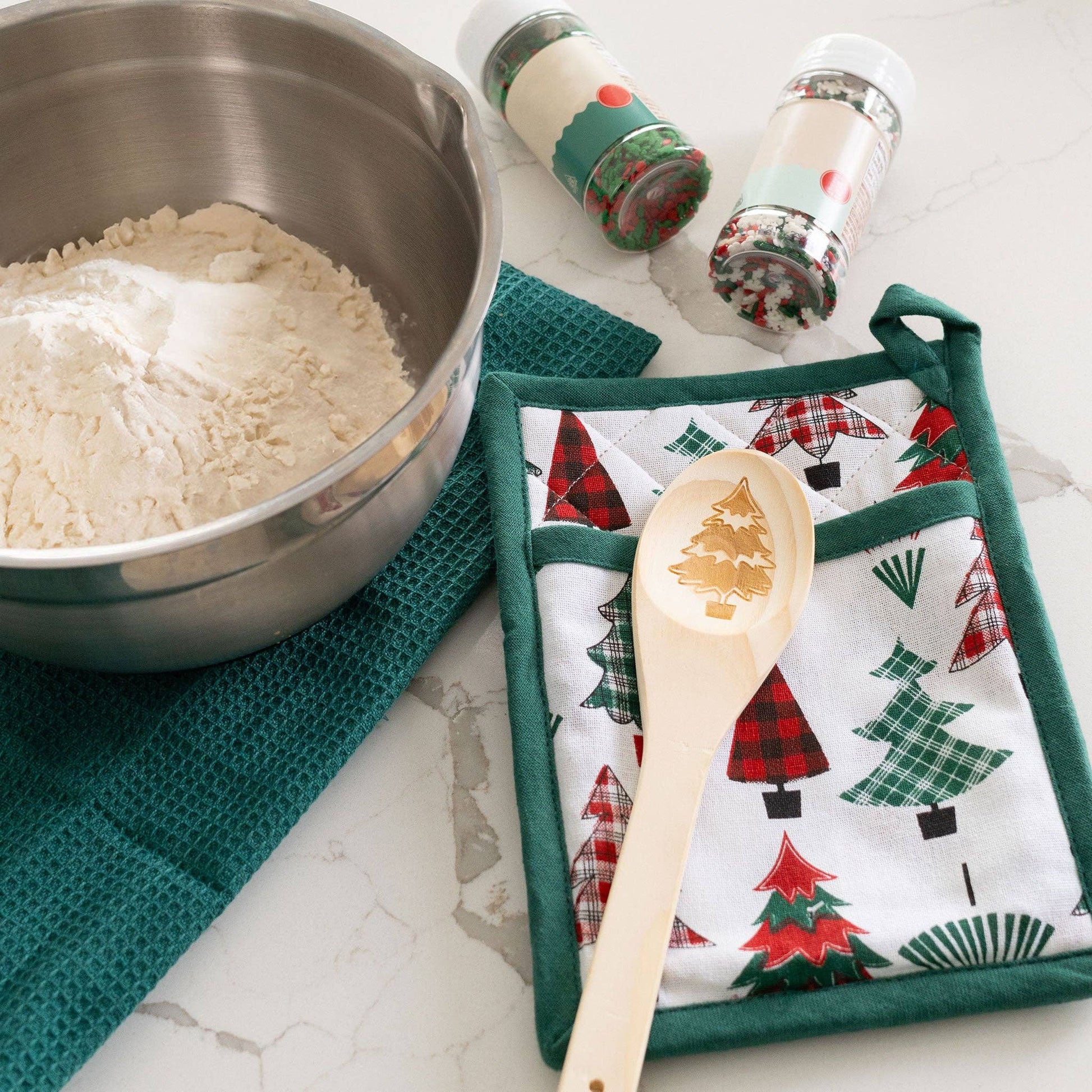 Howard's 3-piece Candy Cane Stripe kitchen set featuring red and white striped fabric for festive holiday decor and accessories.