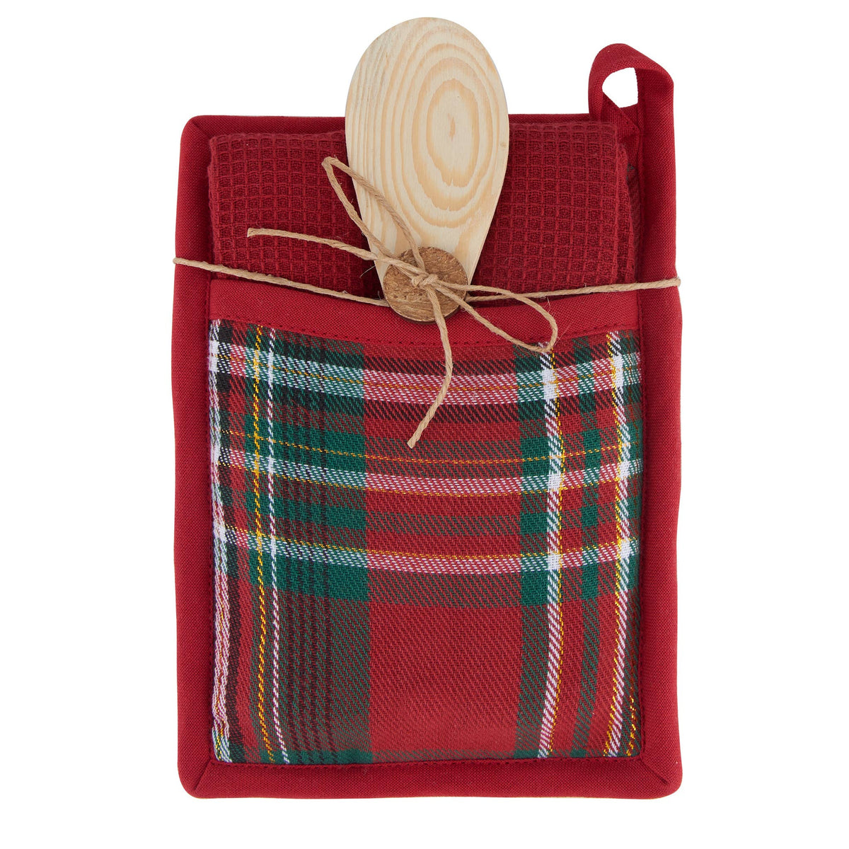 Howard's 3-piece Christmas holiday plaid kitchen set with festive red and green patterns, includes oven mitts, towels, and pot holders.
