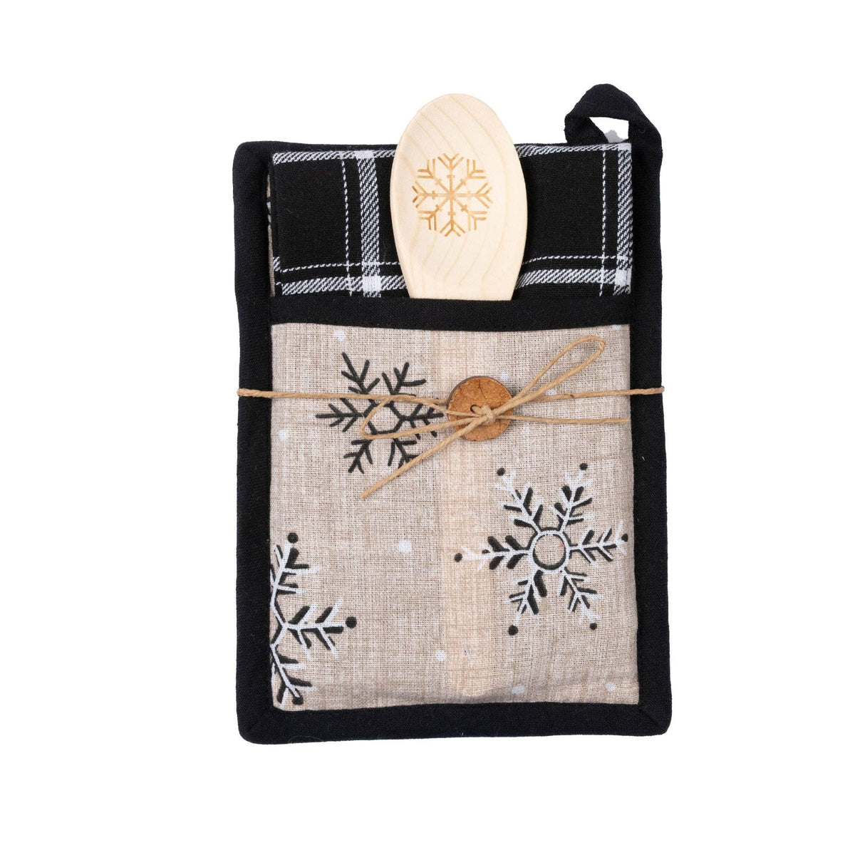 Howard's 3-piece neutral snowflake kitchen set featuring snowflake patterns on fabric tea towels and oven mitts.