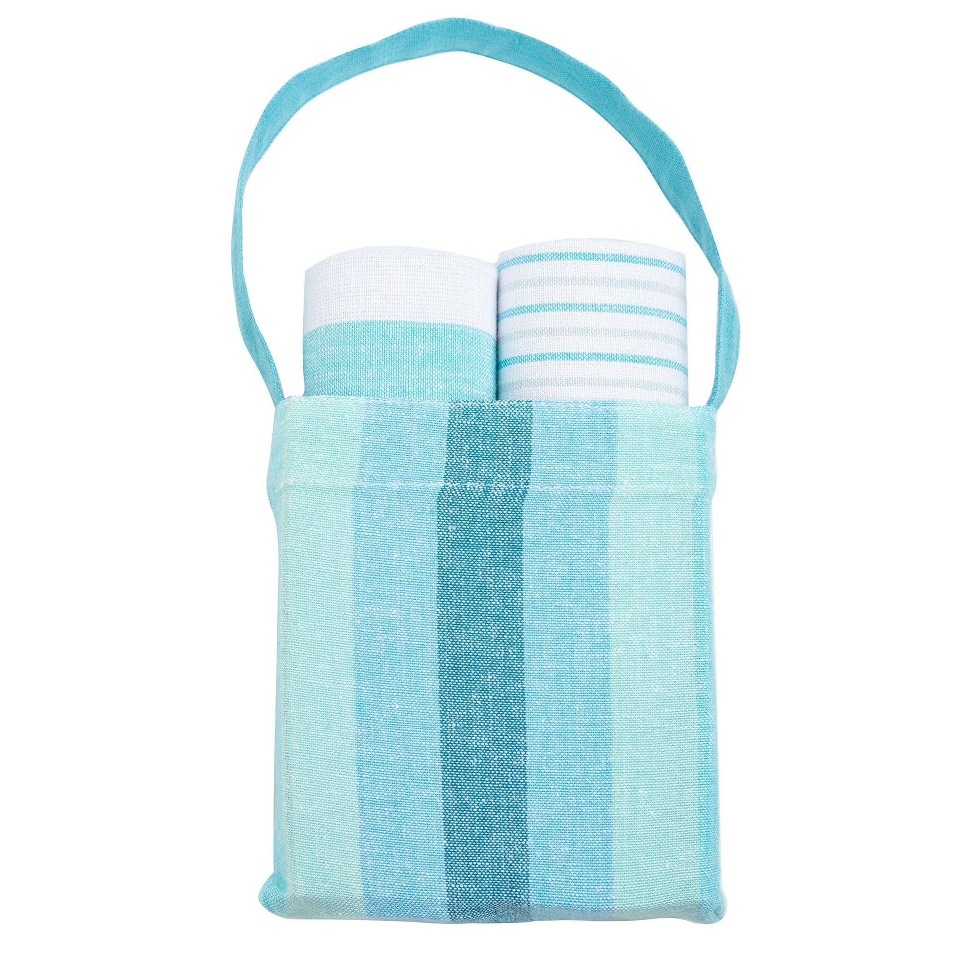 Three seafoam stripe tea towels from Howard's 3-piece set, featuring soft fabric and vibrant stripe design for kitchen use.