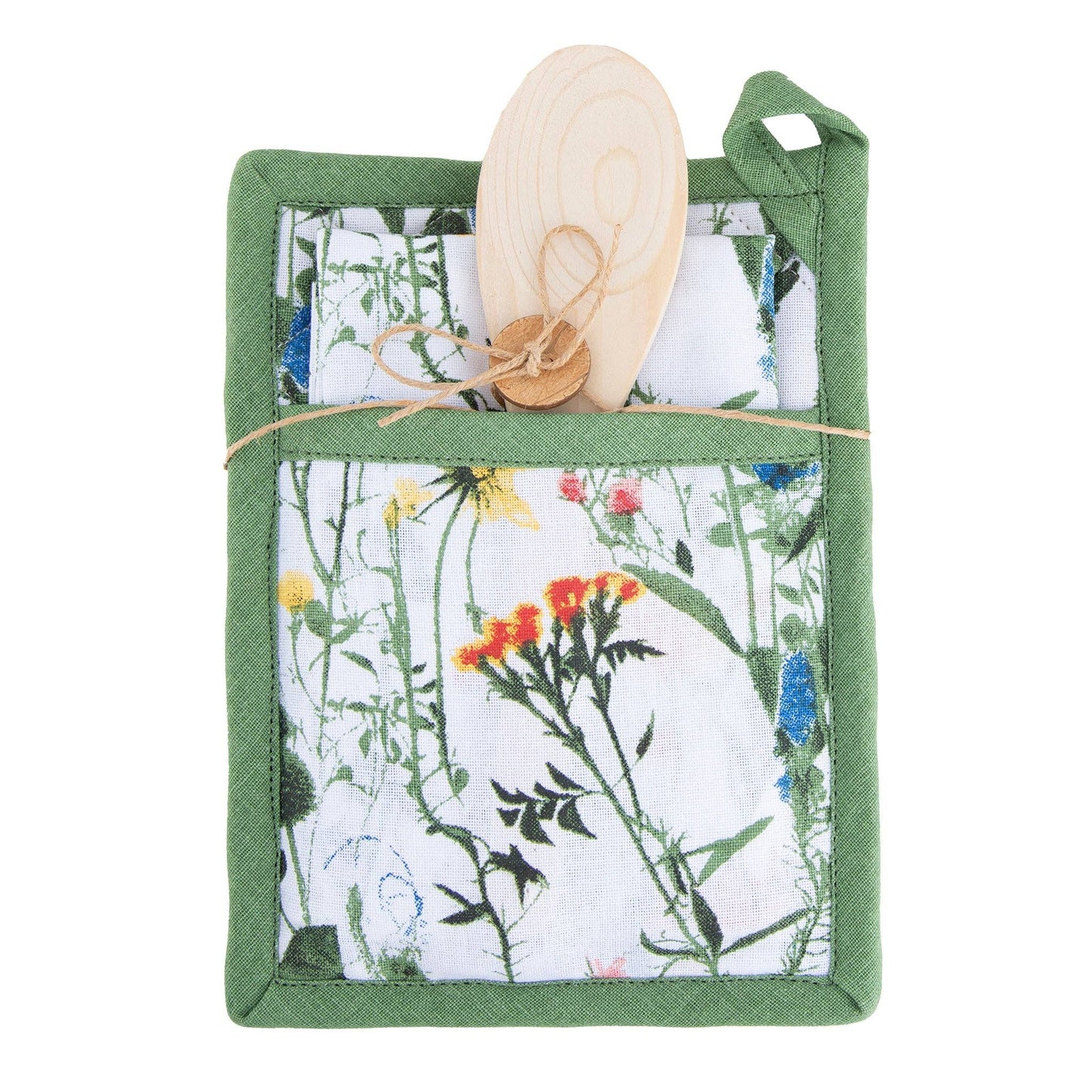 Howard's 3-piece Spring Meadow cotton kitchen set with floral dish towels and pot holders, perfect for spring-themed kitchen décor.
