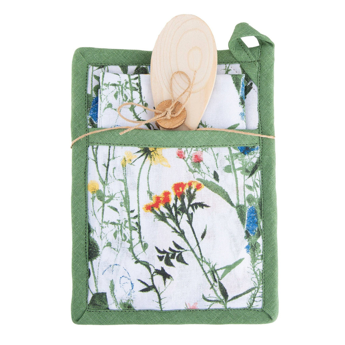 Howard's 3-piece Spring Meadow cotton kitchen set with floral dish towels and pot holders, perfect for spring-themed kitchen décor.