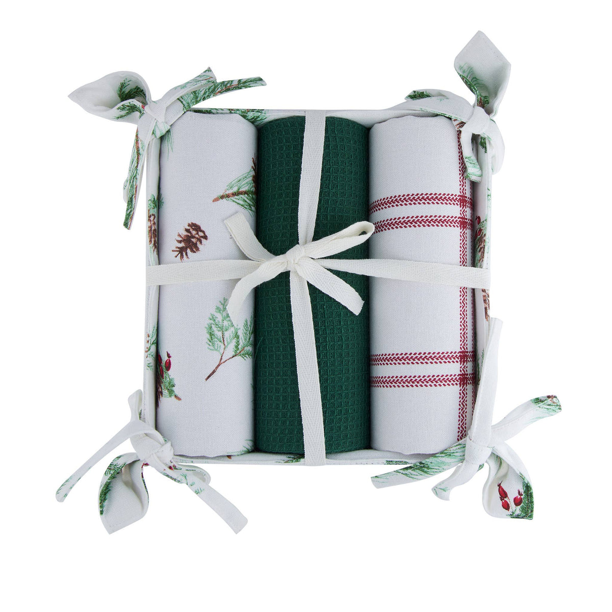 Howard's 4-piece Christmas winter pine tea towel and bread basket set with festive pinecone and winter scene designs.