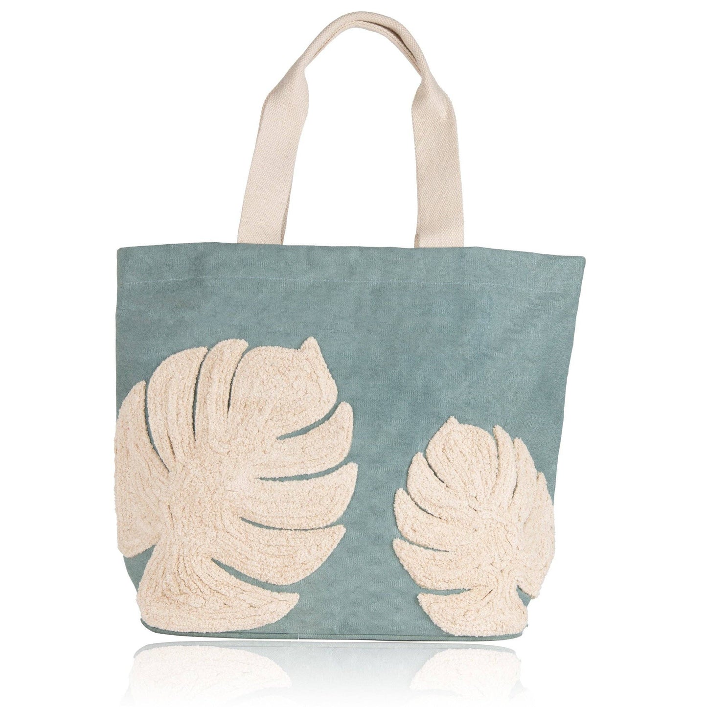 Howard's Fiji Water resistant tote bag with embroidered Monstera leaf design, featuring sturdy handles and tropical style.