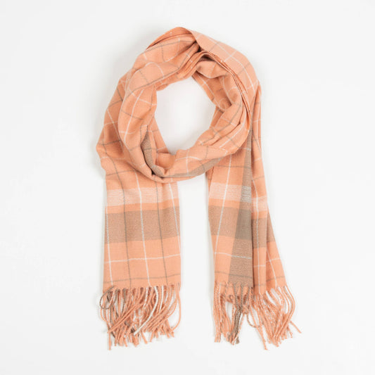 Howard's Hani plaid winter scarf with fringe, featuring a cozy, stylish plaid pattern and tassel details for cold weather warmth.