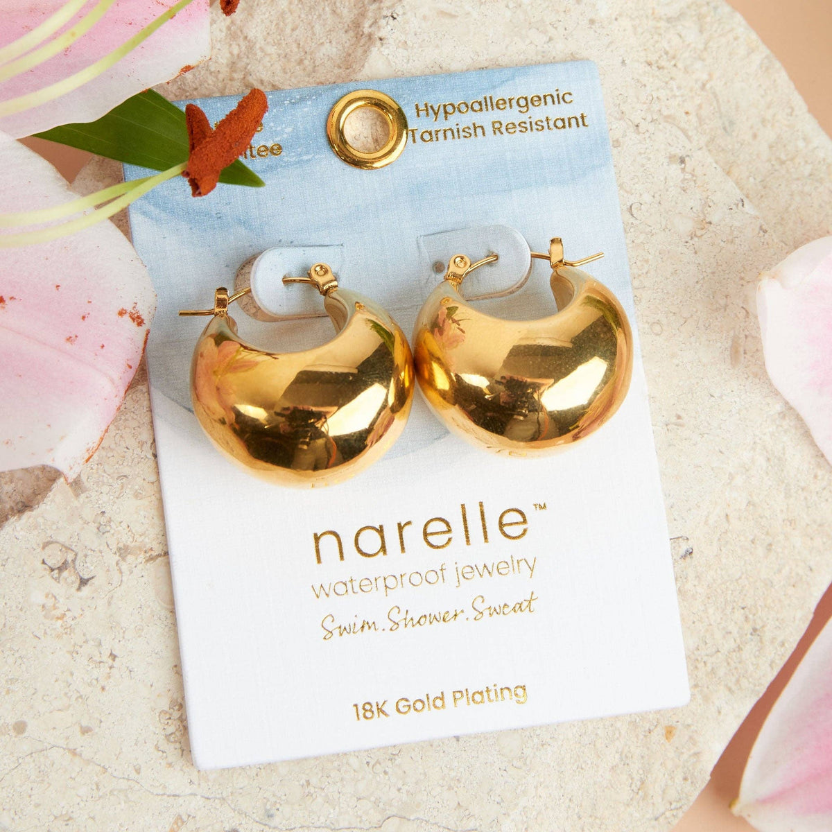 Silver Narelle waterproof bowl hoop earrings by Howard's, featuring a sleek and modern hoop design with a polished finish.