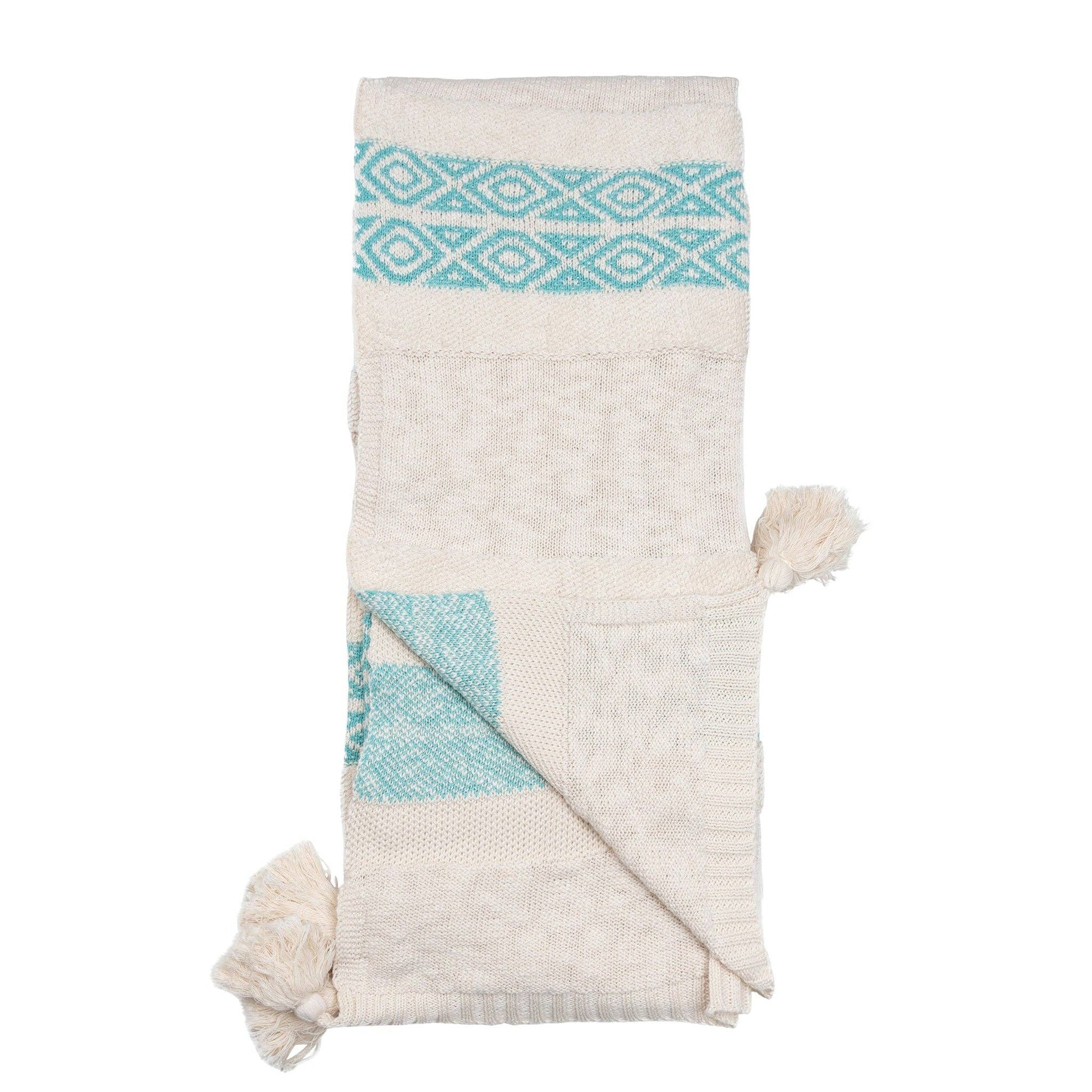 Howard's Necalli striped cotton throw blanket, 50x60 inches, decorative knit with blue and white stripes, cozy and stylish for home decor.