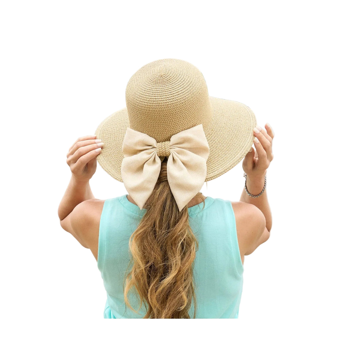 Howard's Zaya Boho Ponytail Sun Hat with Bow in sand shell, stylish wide-brim hat featuring a decorative bow for sun protection.