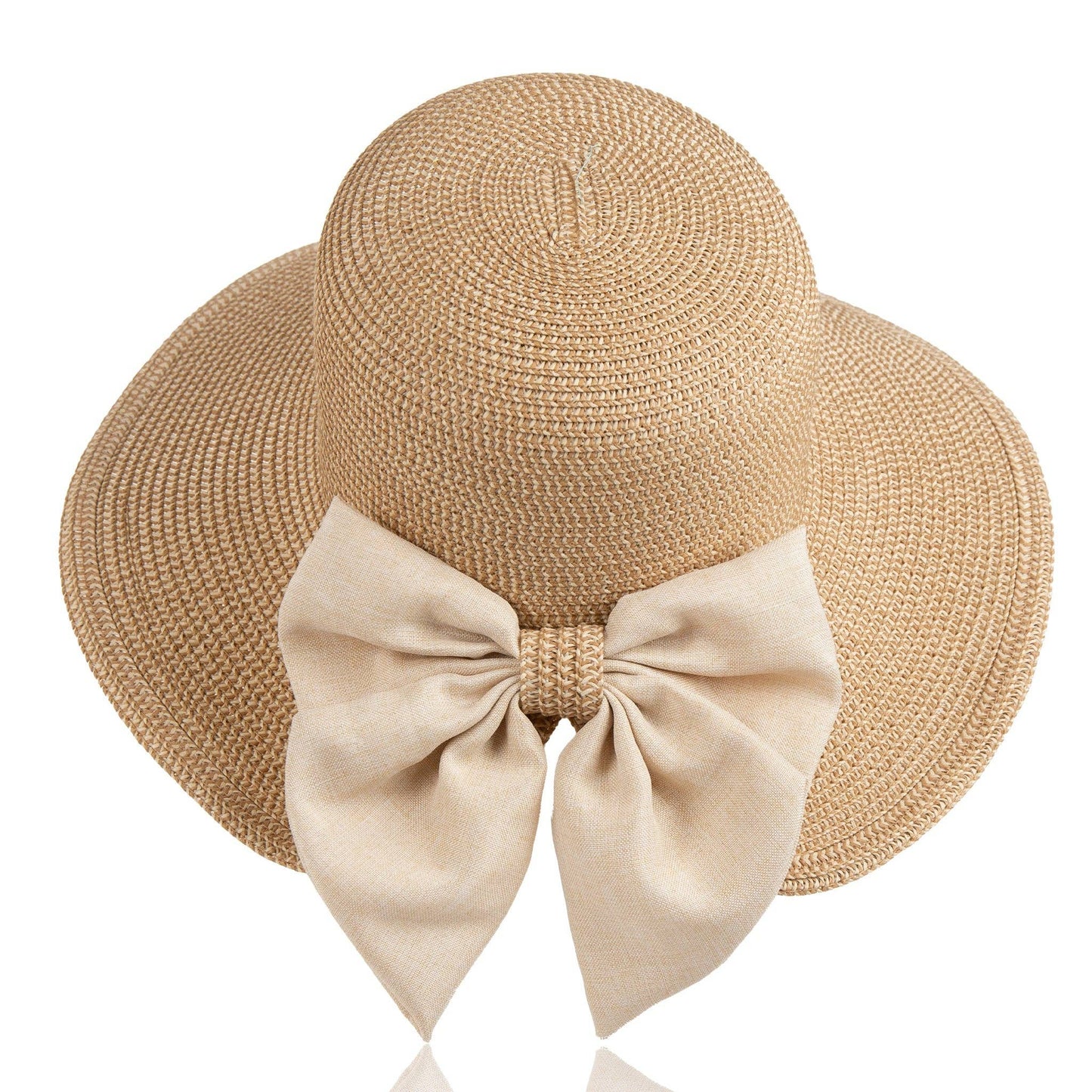 Howard's Zaya Boho Ponytail Sun Hat with Bow in sand shell, woven straw design with a stylish bow and wide brim for sun protection.