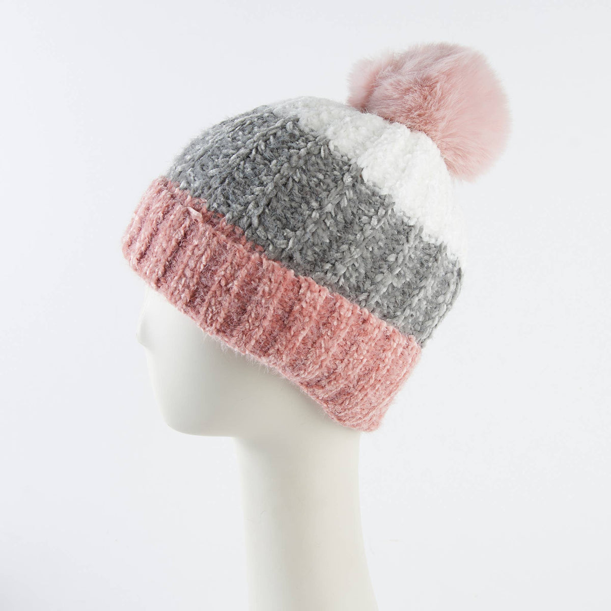 Howard's Jemmi Chenille Striped Pom Winter Beanie Hat with colorful knit pattern and pom pom on top.