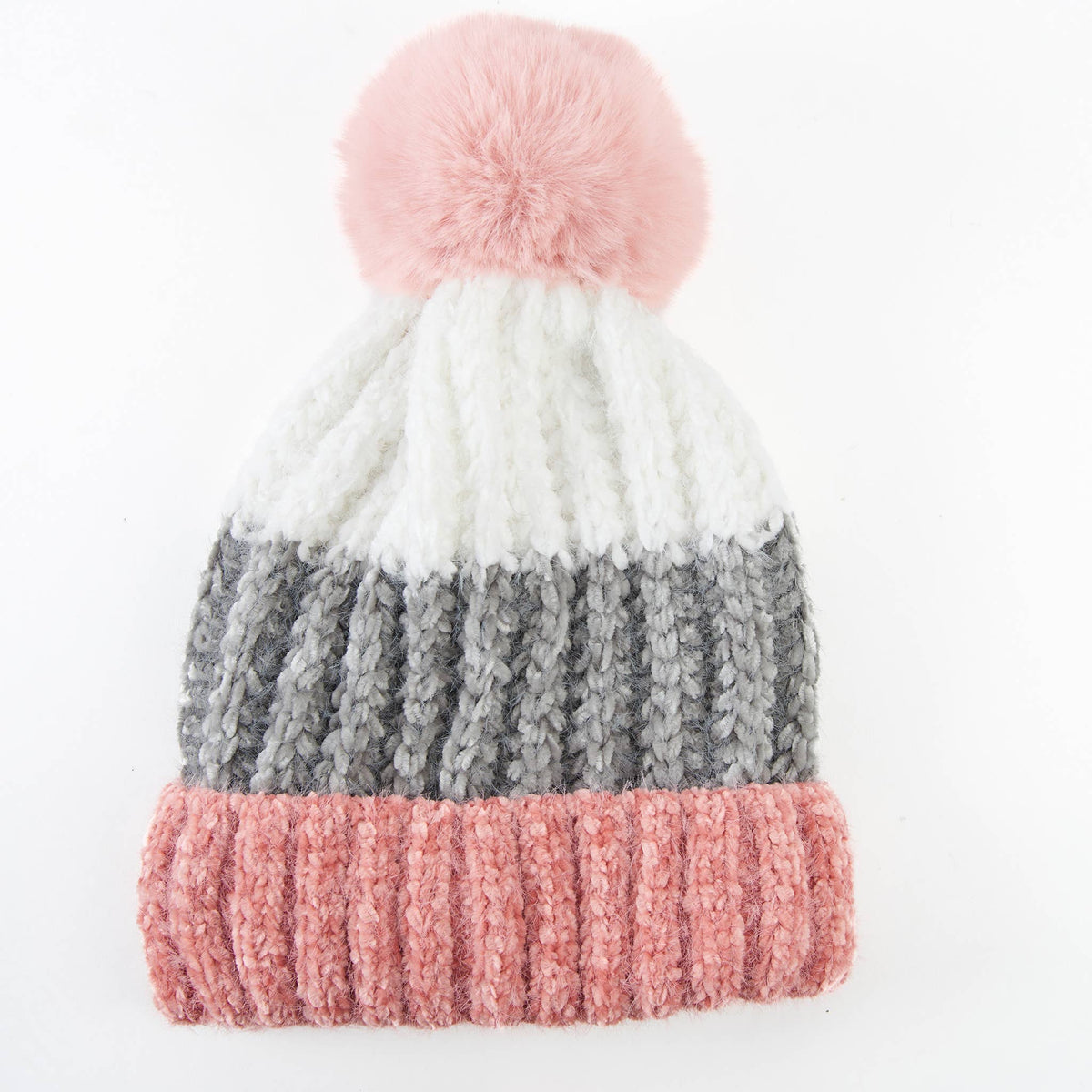 Howard's Jemmi chenille striped pom winter beanie hat with cozy knit design and colorful pattern, perfect for cold weather.