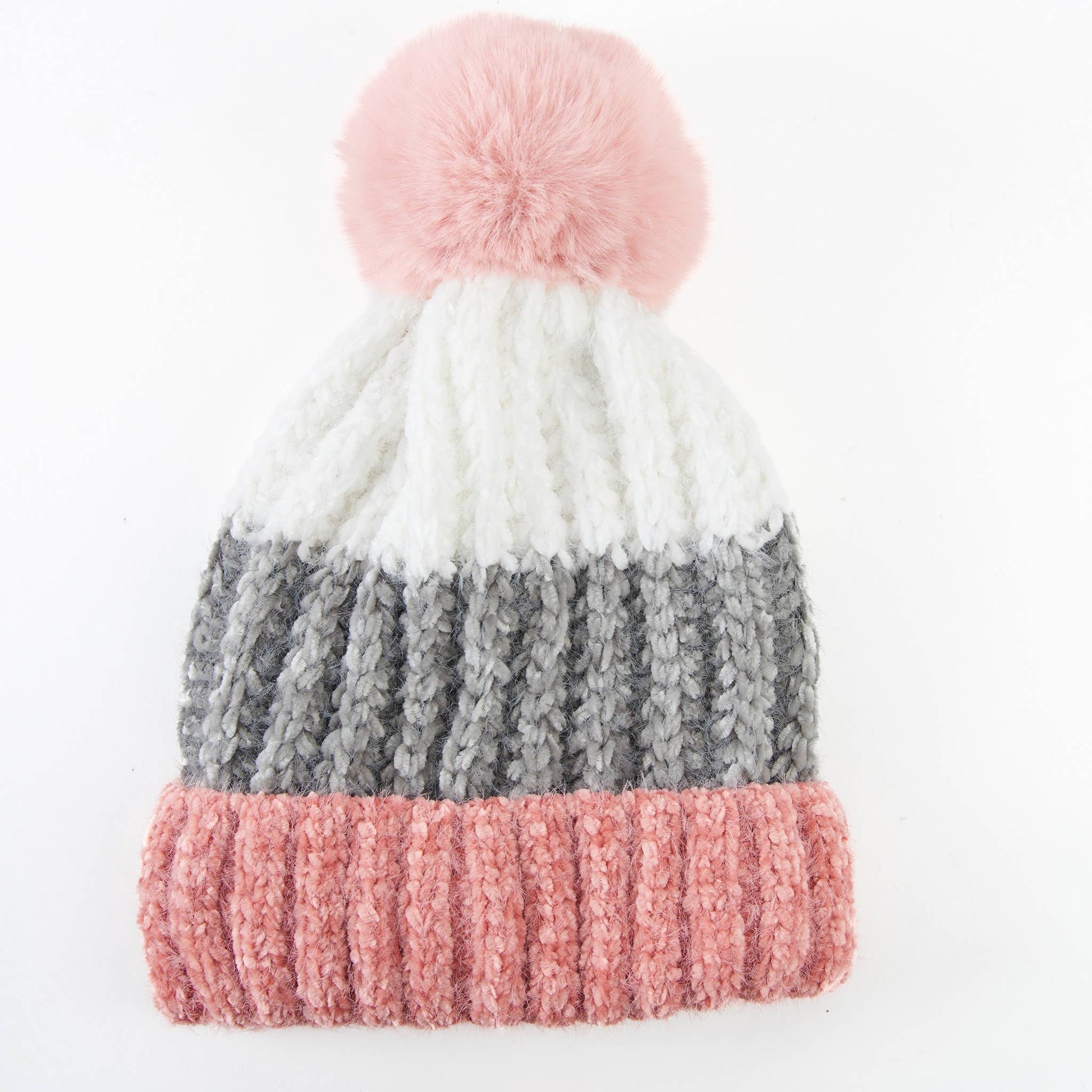 Howard's Jemmi chenille striped pom winter beanie hat with cozy knit design and colorful pattern, perfect for cold weather.