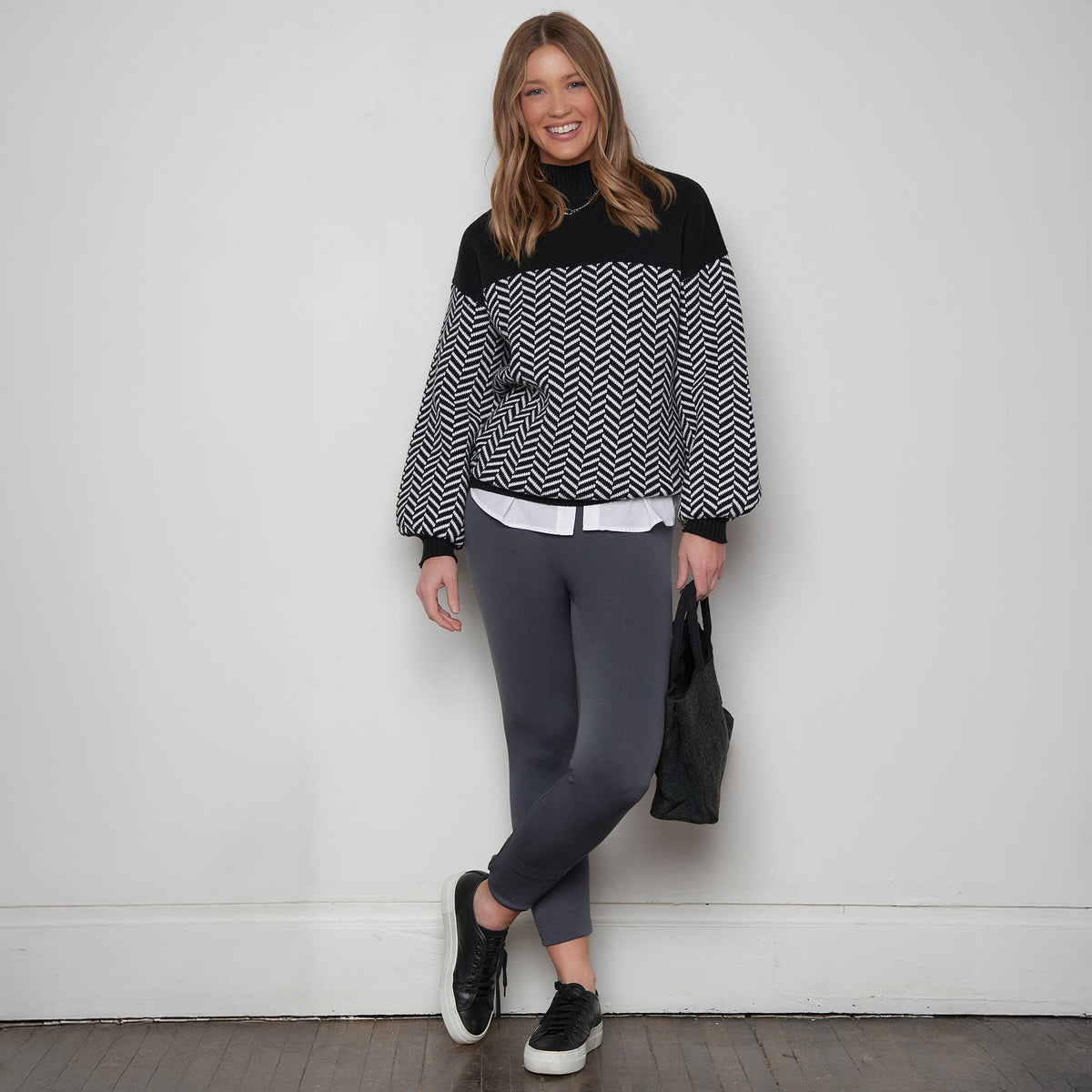 Howard's soft and stretchy basic leggings shown in a close-up, highlighting their comfortable fit and smooth fabric.