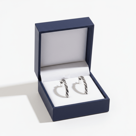 Howard's Earsense Twist Hoop Earrings in silver with twisted hoop design, lightweight and stylish for everyday wear.