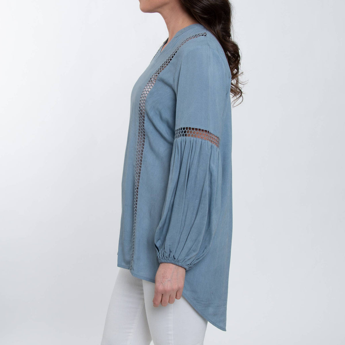 Oakley V-neck long sleeve lace trim tunic shirt set, stylish and elegant, featuring a fitted design and intricate lace details.