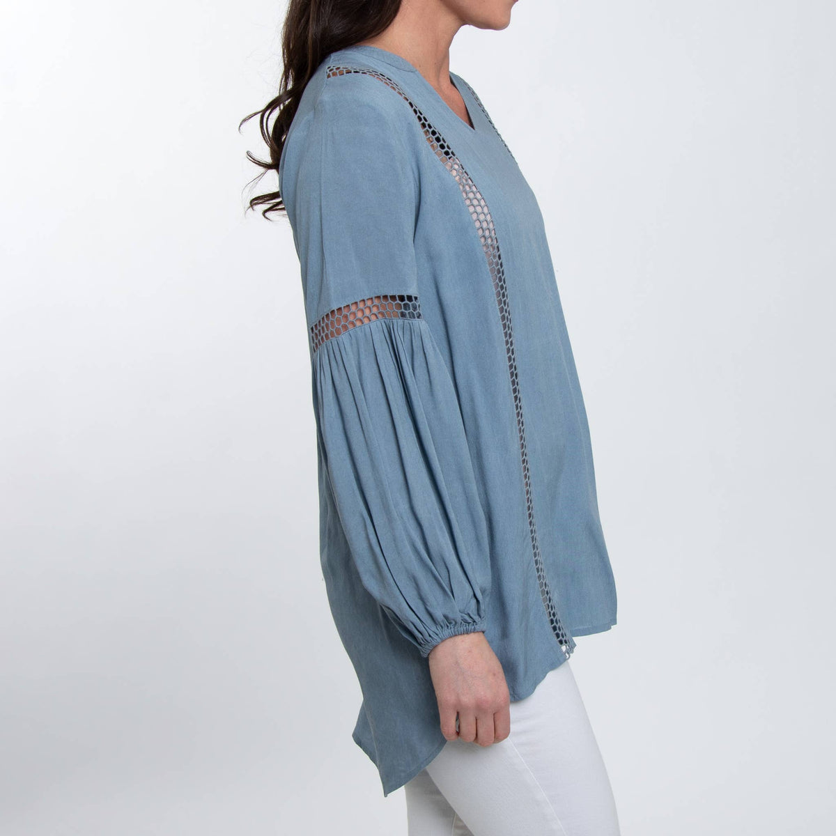 Oakley V-Neck Long Sleeve Lace Trim Tunic Shirt Set, featuring a stylish v-neck, lace details, and long sleeves.