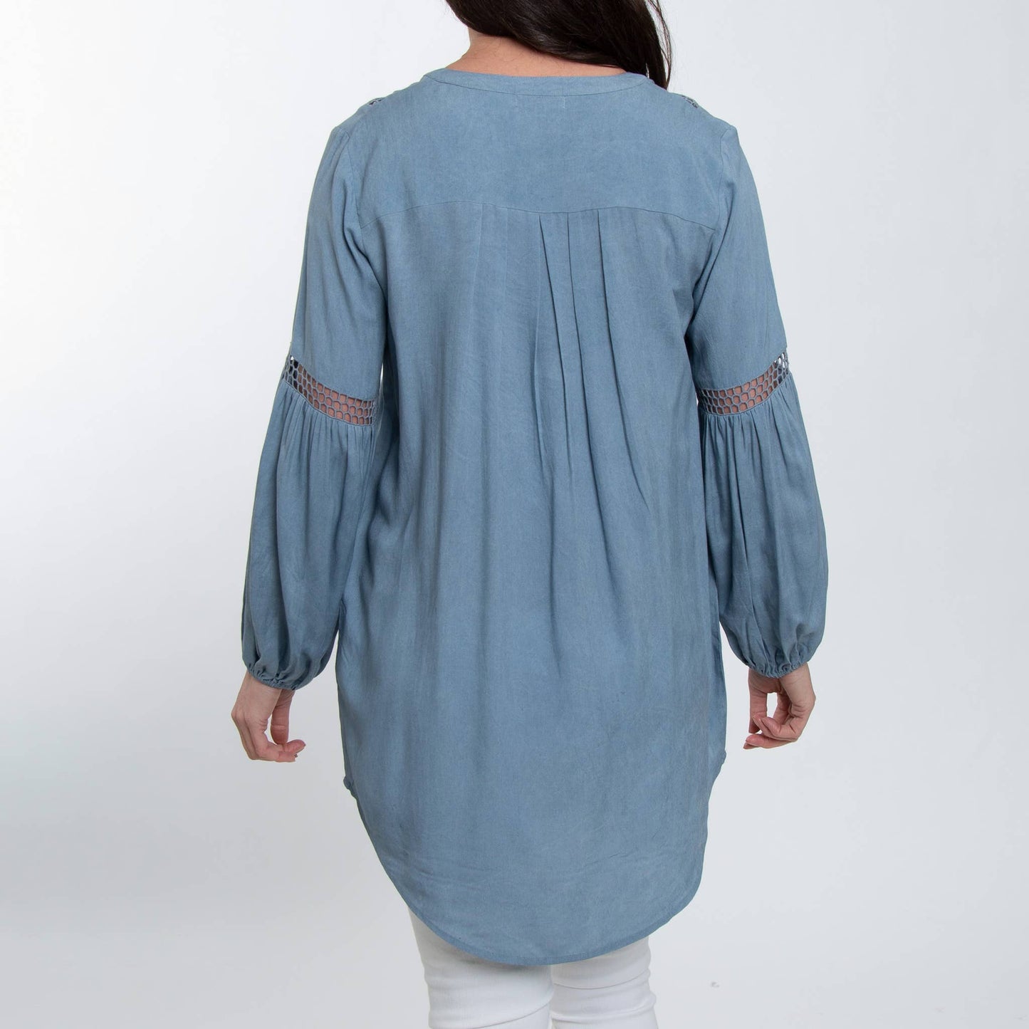 Oakley V-Neck long sleeve lace trim tunic shirt set, featuring elegant lace details and a stylish, comfortable fit.