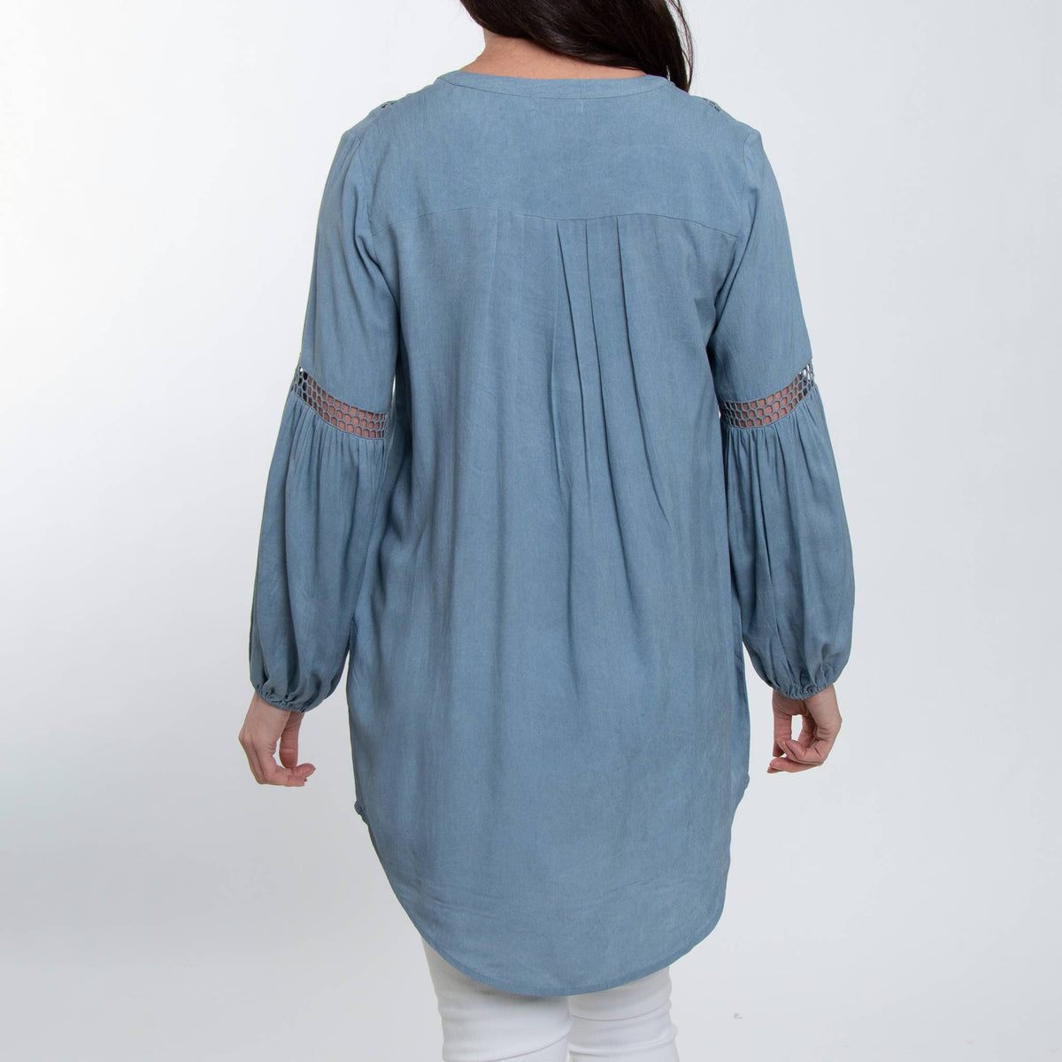 Oakley V-Neck long sleeve lace trim tunic shirt set, featuring elegant lace details and a stylish, comfortable fit.
