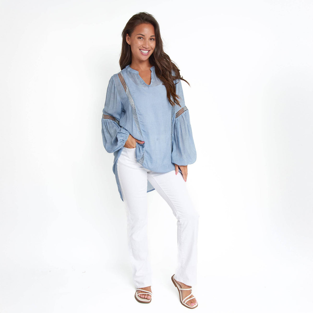 Oakley V-neck long sleeve lace trim tunic shirt set, featuring a stylish design with lace details and a comfortable fit.