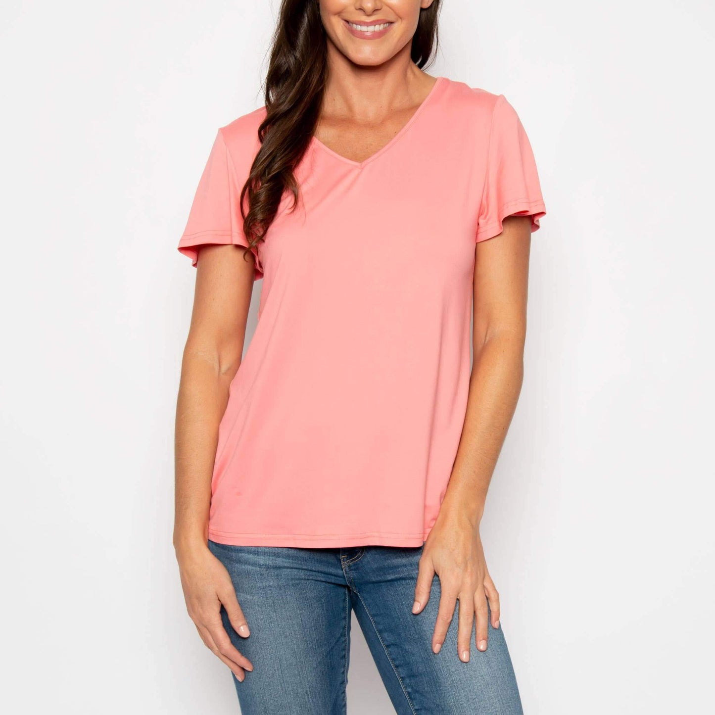 Howard's Giselle short sleeve v-neck top, light-colored fabric, displayed flat with a relaxed fit and clean design