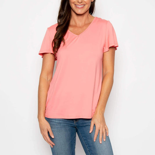 Howard's Giselle short sleeve v-neck top, light-colored fabric, displayed flat with a relaxed fit and clean design