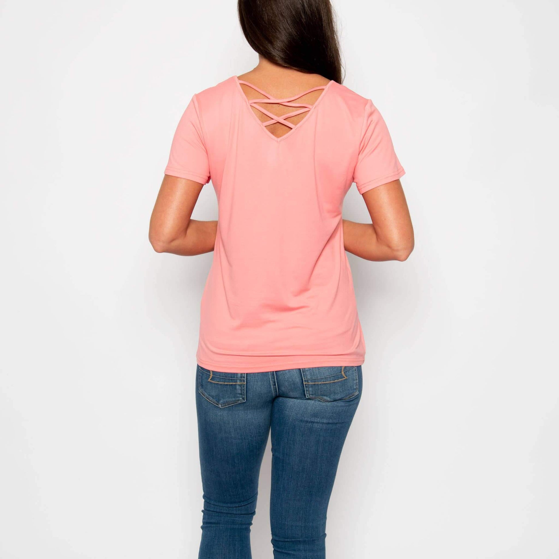 Howard's Giselle short sleeve V-neck top shown in a stylish, fitted design with a smooth fabric finish.