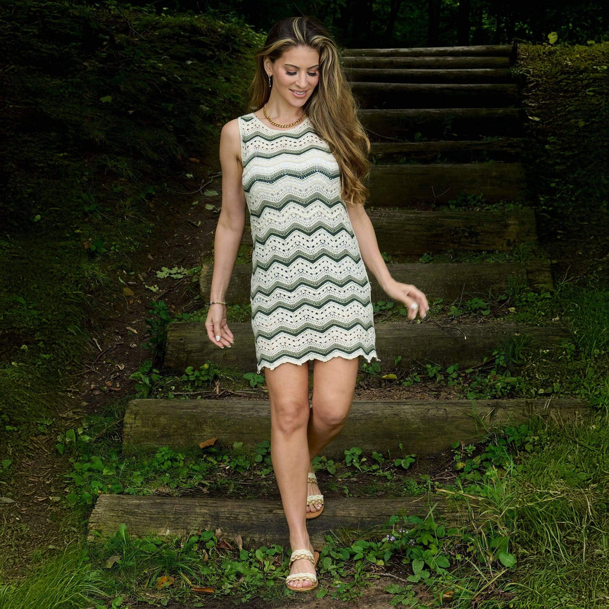 Howard's sleeveless crochet dress, featuring intricate open-knit design and lightweight fabric, displayed on a neutral background.