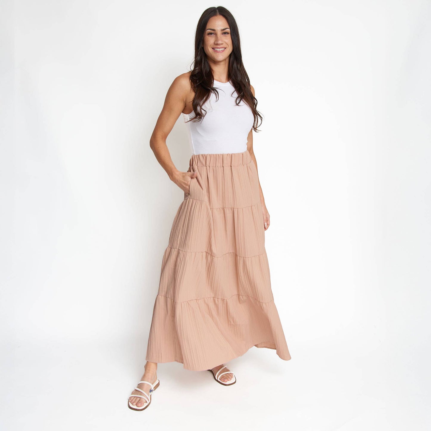 Howard's McKay tiered rosewater maxi skirt with pockets, flowing fabric and floral design, full-length view
