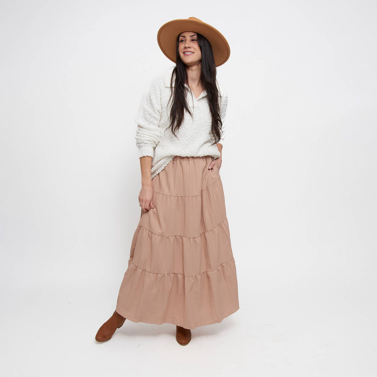 Howard's McKay tiered rosewater maxi skirt with pockets, flowing fabric and floral pattern perfect for summer wear.