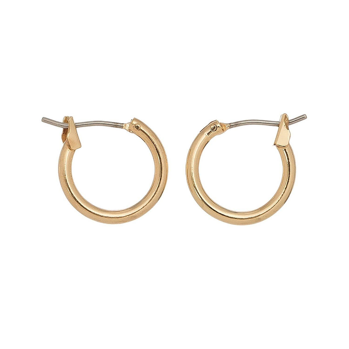 Howard's Ear Sense Click Hoop Earrings, gold-tone hoop earrings with secure click clasps, shown on a model's ears.