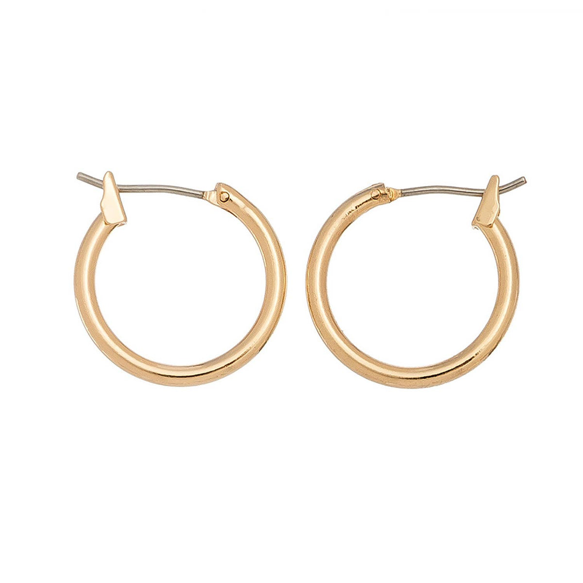 Howard's Ear Sense Click Hoop Earrings showing shiny gold hoops with secure click clasps on a white background.