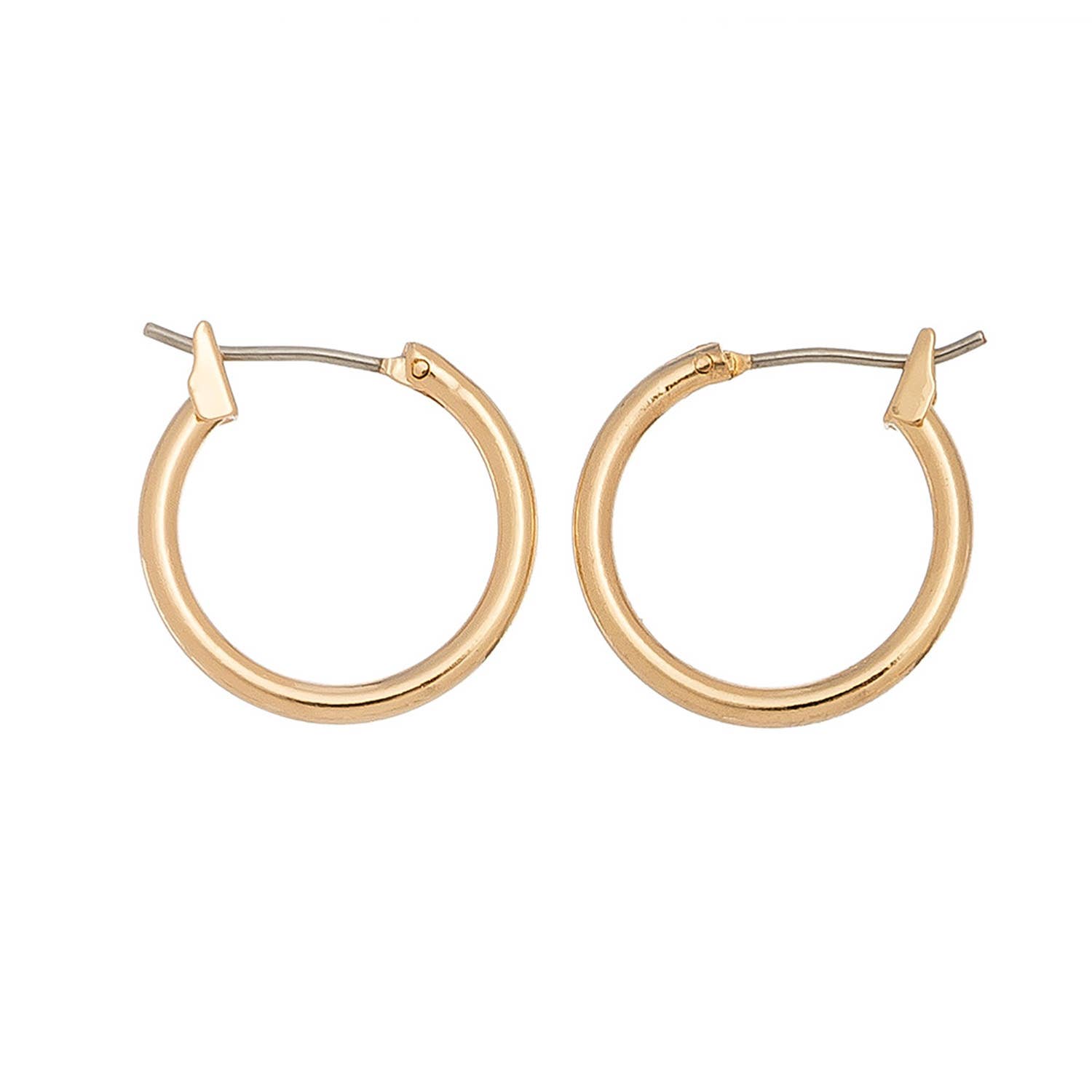 Howard's Ear Sense Click Hoop Earrings showing shiny gold hoops with secure click clasps on a white background.