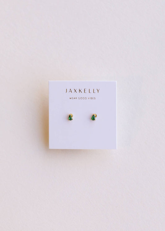 Jax Kelley teardrop earrings with emerald cubic zirconia gemstones, featuring a sleek, elegant design for stylish wear.