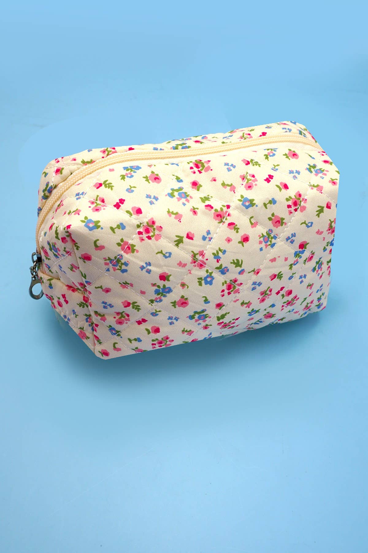 JOSSLYN floral toile pattern makeup cosmetic pouch bag with zipper closure, vibrant flower design on fabric, compact and stylish.