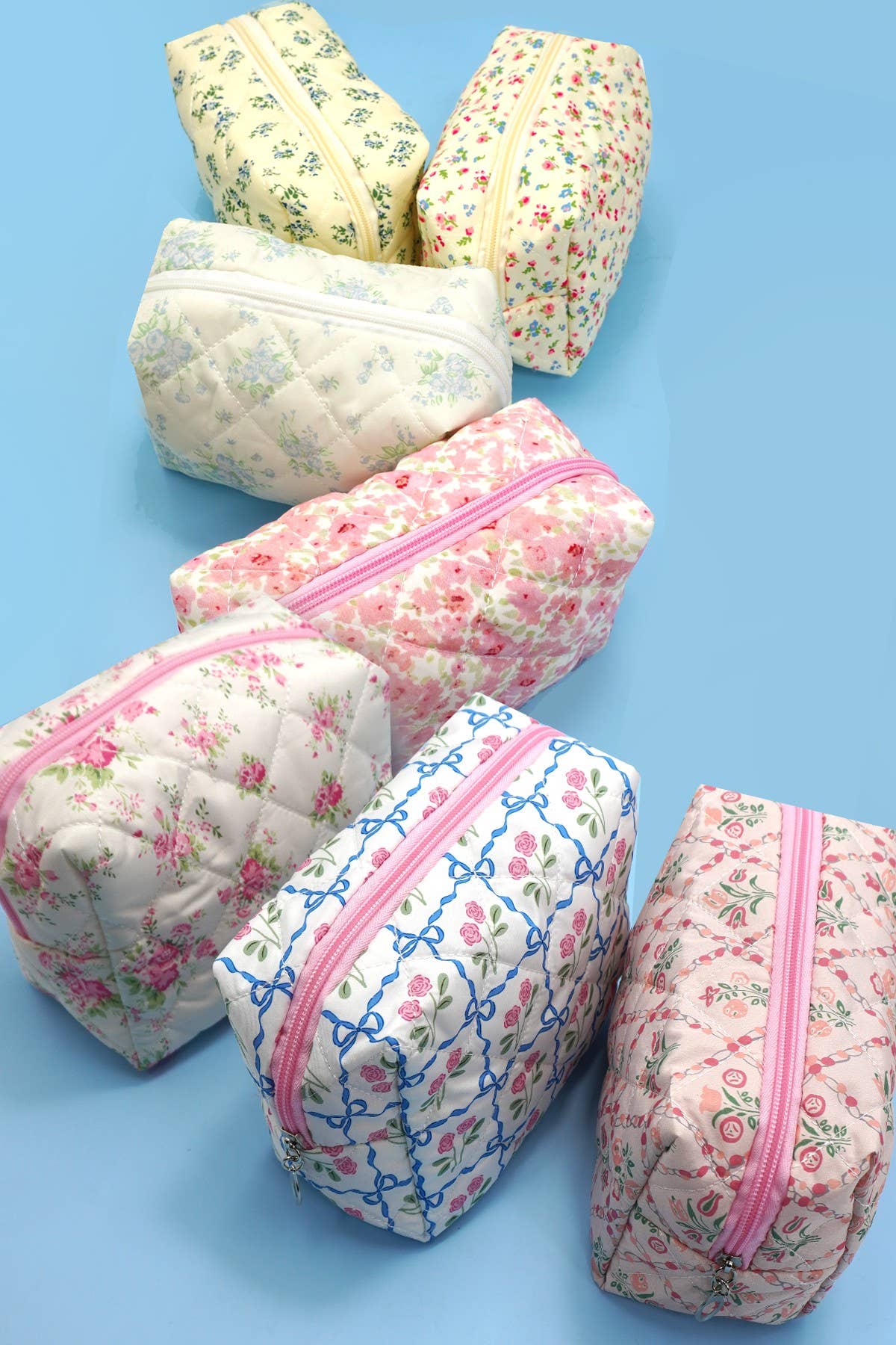 JOSSLYN floral toile pattern makeup cosmetic pouch bag with zipper, featuring colorful floral design and compact size.