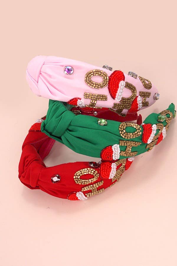 JOSSLYN holiday seed bead headband with "HO HO HO" and Christmas-themed decorations, perfect for festive celebrations.