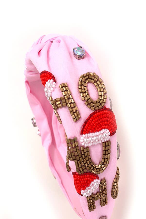 JOSSLYN holiday seed bead headband with "HO HO HO" Christmas design, festive accessory for holiday celebrations.