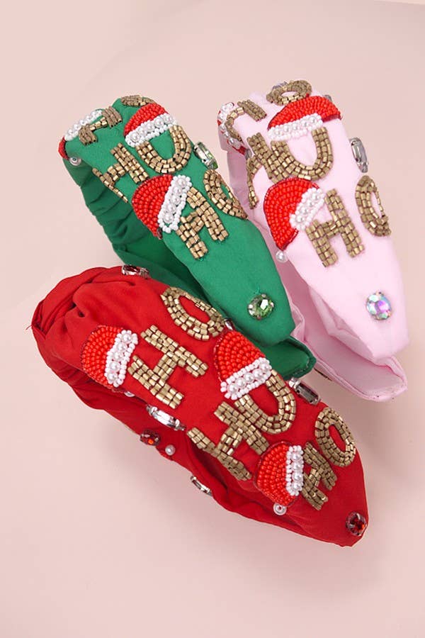 JOSSLYN Christmas holiday seed bead headband with "HO HO HO" design, festive red and white beads, perfect for holiday celebrations.