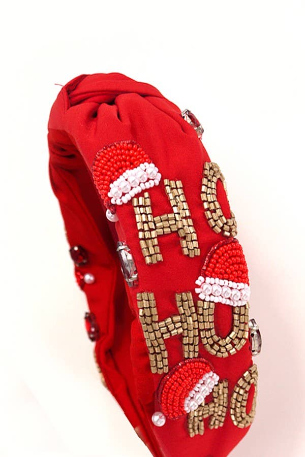 JOSSLYN holiday seed bead headband with "HO HO HO" Christmas design, festive and colorful accessory for holiday celebrations