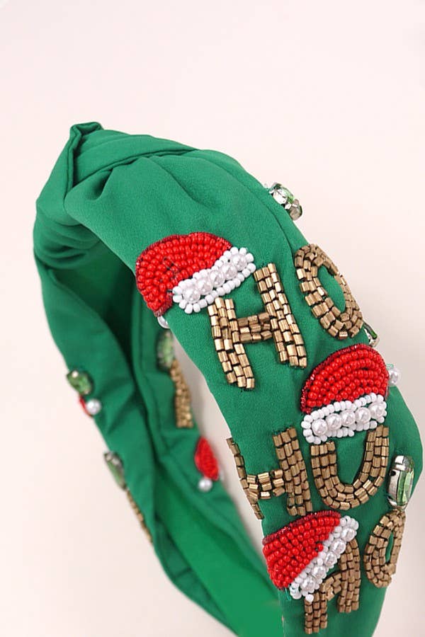 JOSSLYN HO HO HO Christmas holiday seed bead headband featuring festive red and green beads with holiday lettering.