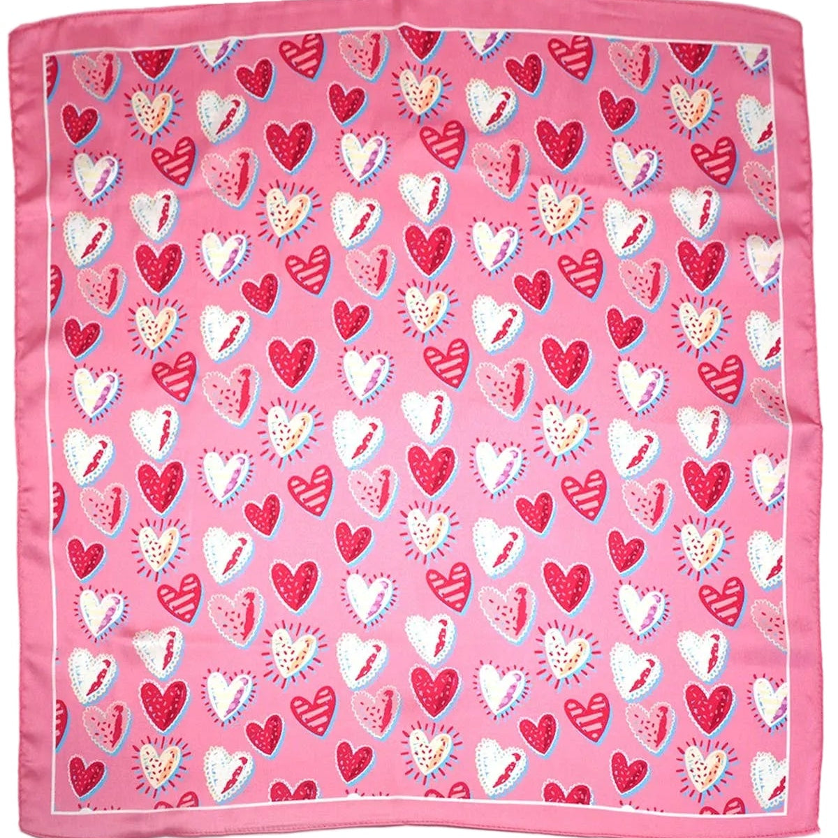 JOSSLYN Valentine multi-heart silky feel bandana scarf with vibrant red, pink, and white hearts on soft fabric.