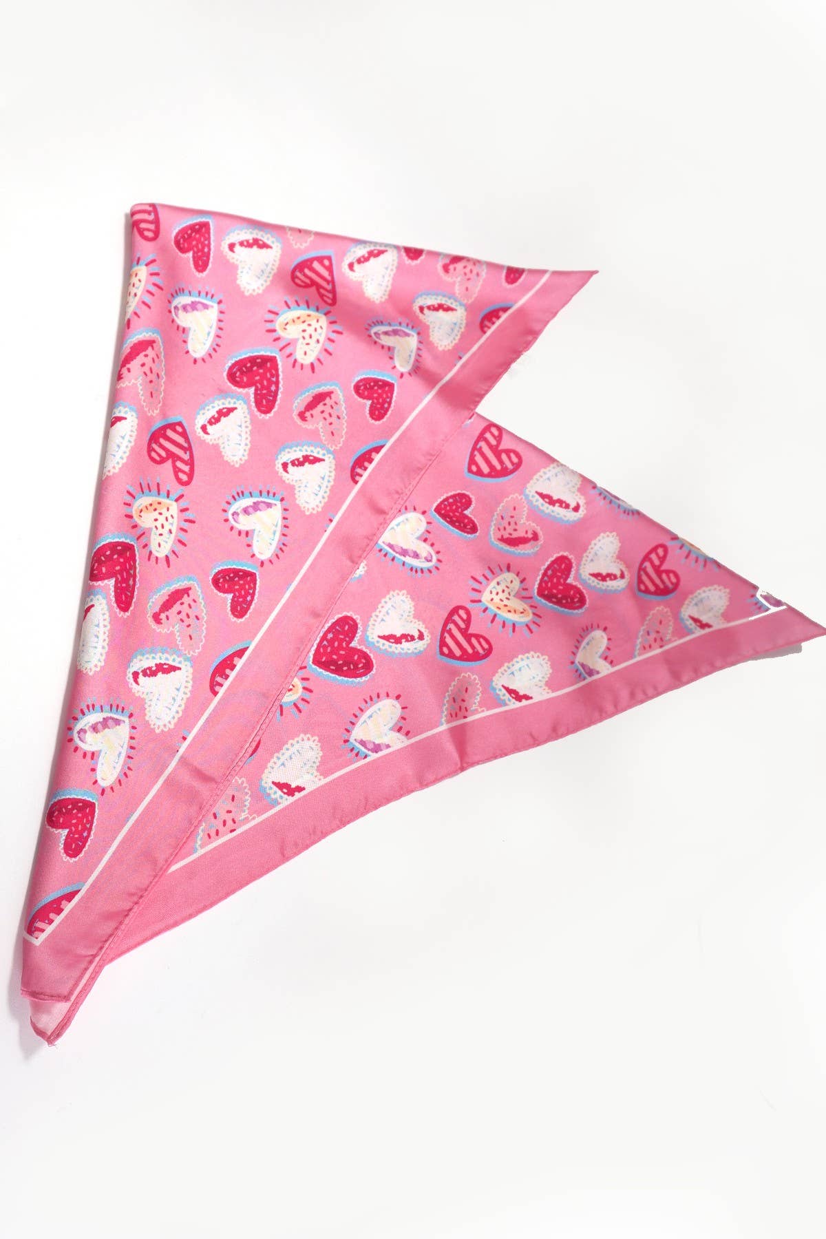 JOSSLYN by wall to wall Valentine multi-heart silky bandana scarf with vibrant red and pink heart patterns on soft fabric