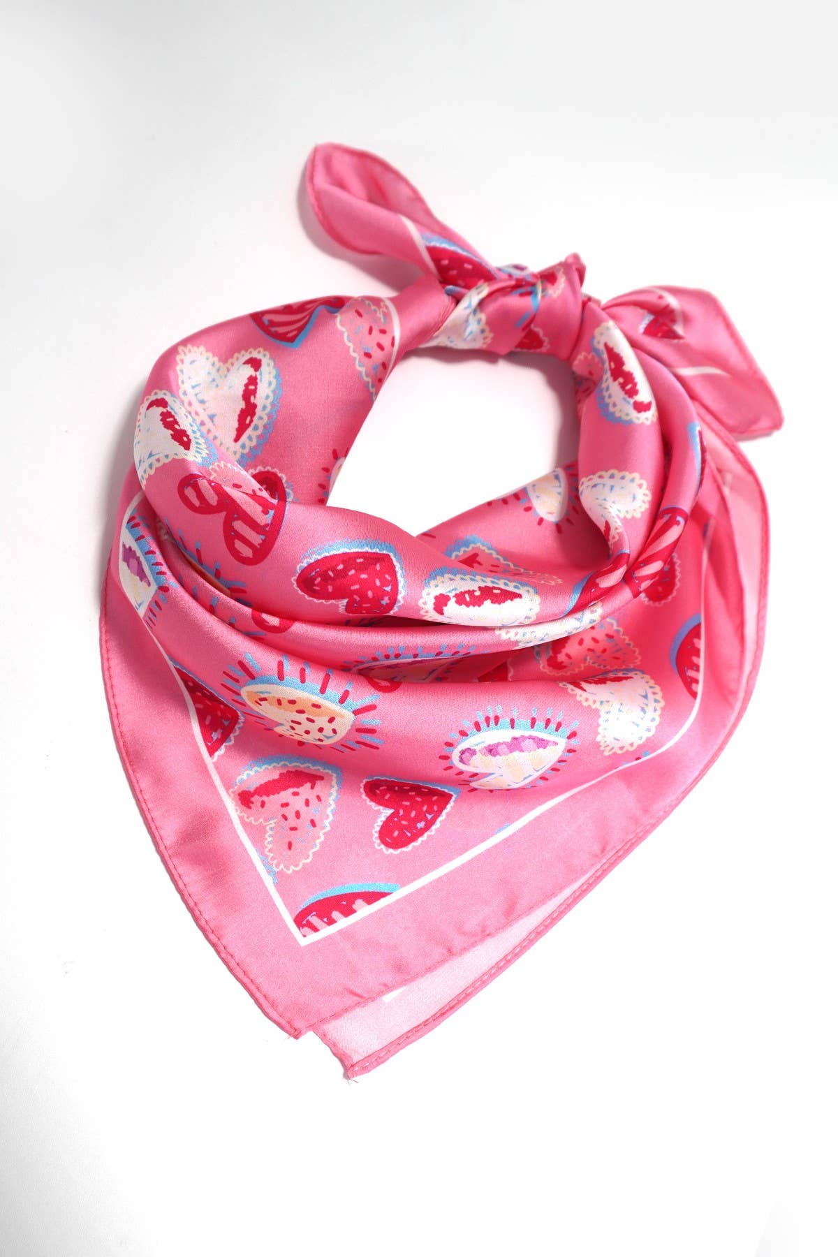 JOSSLYN Valentine multi-heart silky feel bandana scarf featuring a colorful heart pattern on smooth fabric.
