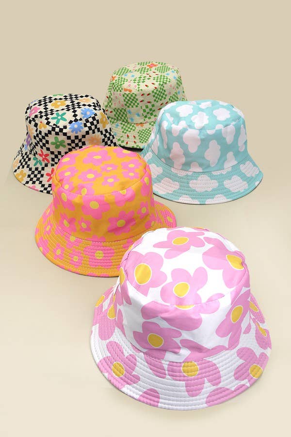 JOSSLYN floral bucket hat with colorful flower pattern, wide brim, and casual summer style, perfect for sun protection and fashion.