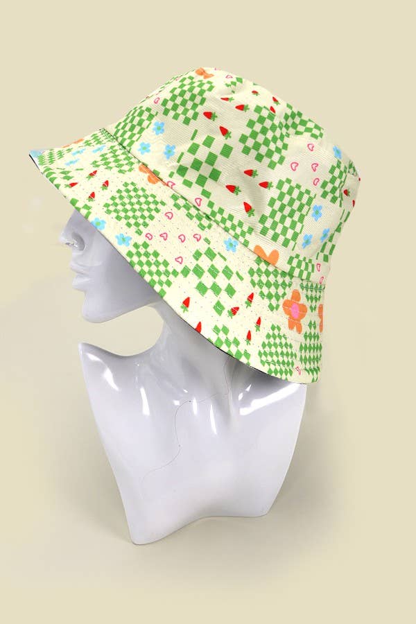 JOSSLYN floral bucket hat with colorful flower pattern, wide brim, and casual style for summer wear.