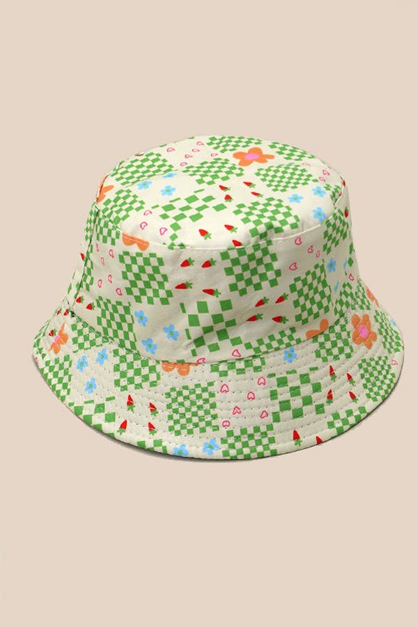 JOSSLYN floral bucket hat with colorful flower pattern, soft fabric, and wide brim for sun protection.
