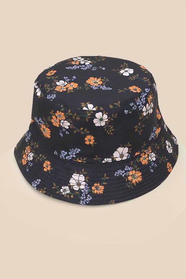 JOSSLYN floral bucket hat with colorful flower pattern, wide brim, and casual style, perfect for sunny outdoor wear.