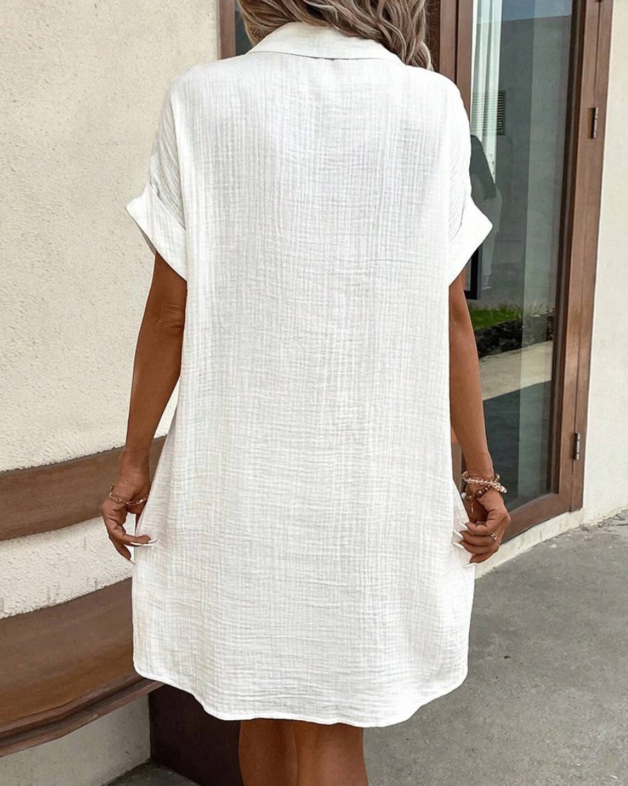 Solid color V-neck shirt dress by Lily Clothing, featuring a relaxed fit and short sleeves, perfect for casual wear.