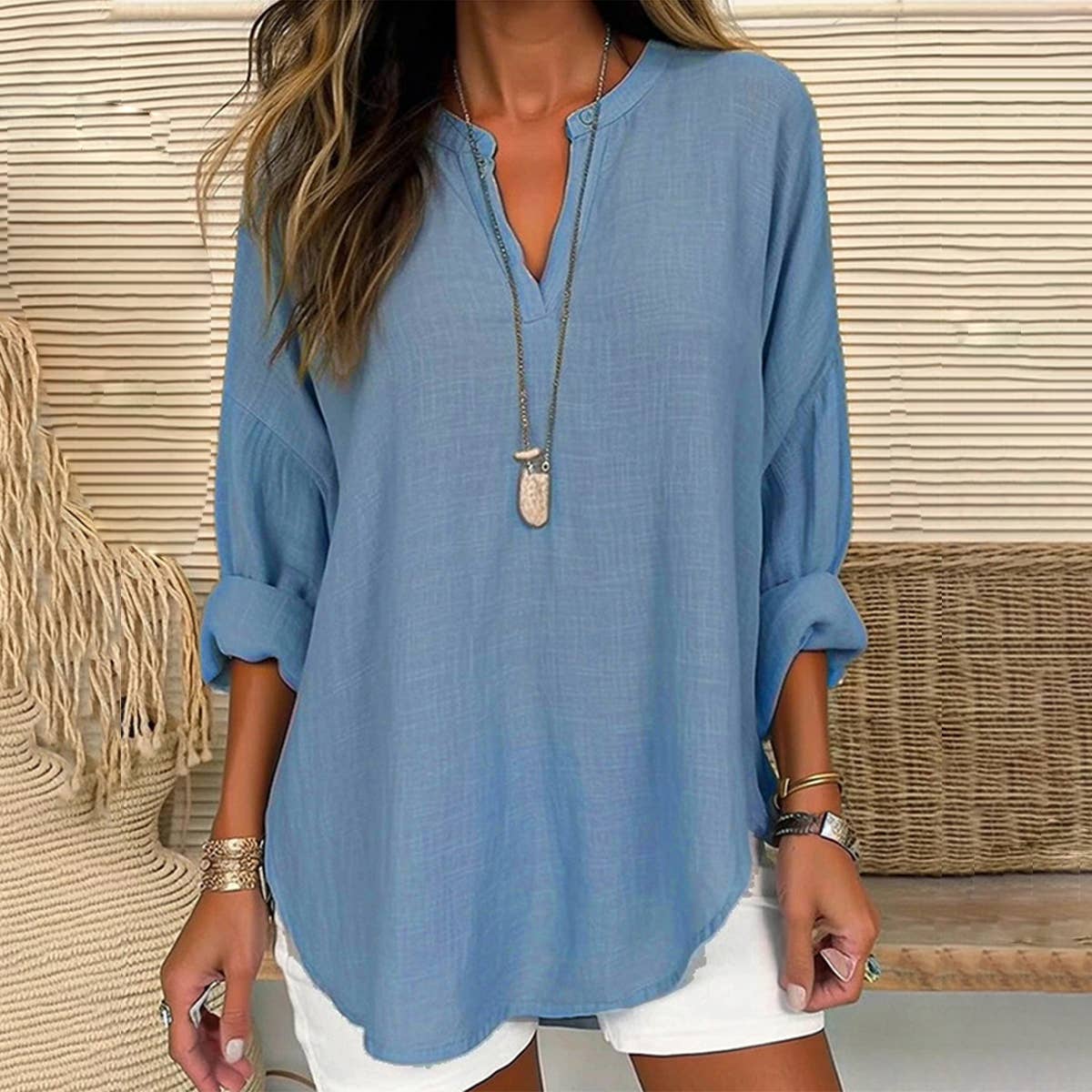 Lily Clothing V-neck cotton and linen breathable shirt shown in natural beige with a relaxed fit and short sleeves.