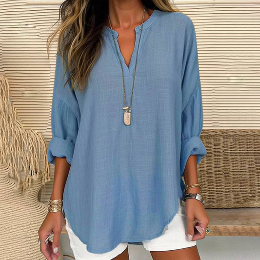 Lily Clothing V-neck cotton and linen breathable shirt shown in natural beige with a relaxed fit and short sleeves.